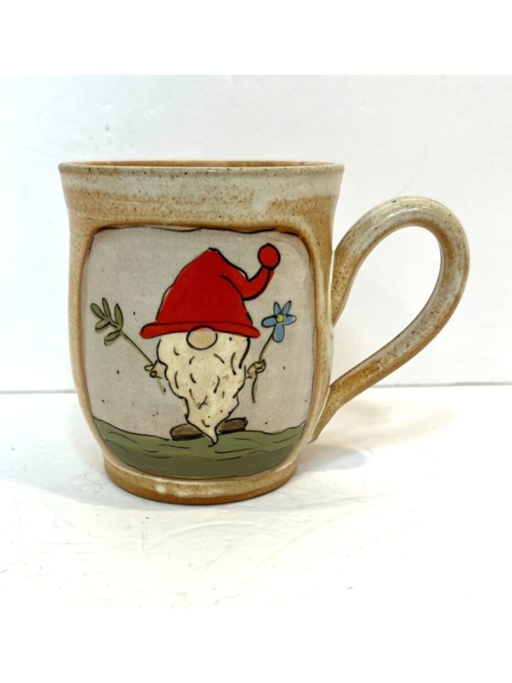 Handmade Ceramic Mug Featuring Christmas Gnome Art By Gloria Van Dixhorn